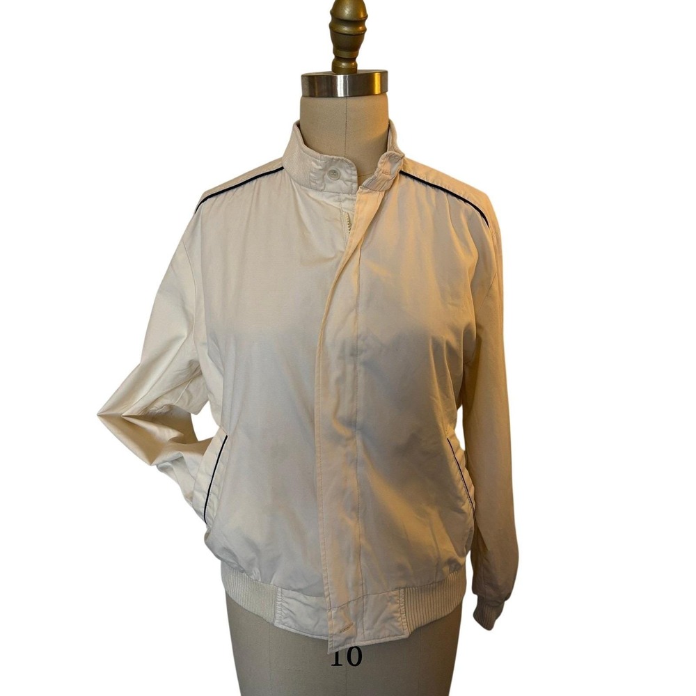Vintage 80s‎ Sears Cream Windbreaker Men's Nylon Jacket Navy Trim Unisex